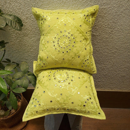 Parrot Green Mirror Work  Cushion Cover