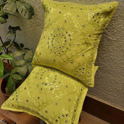 Parrot Green Mirror Work  Cushion Cover