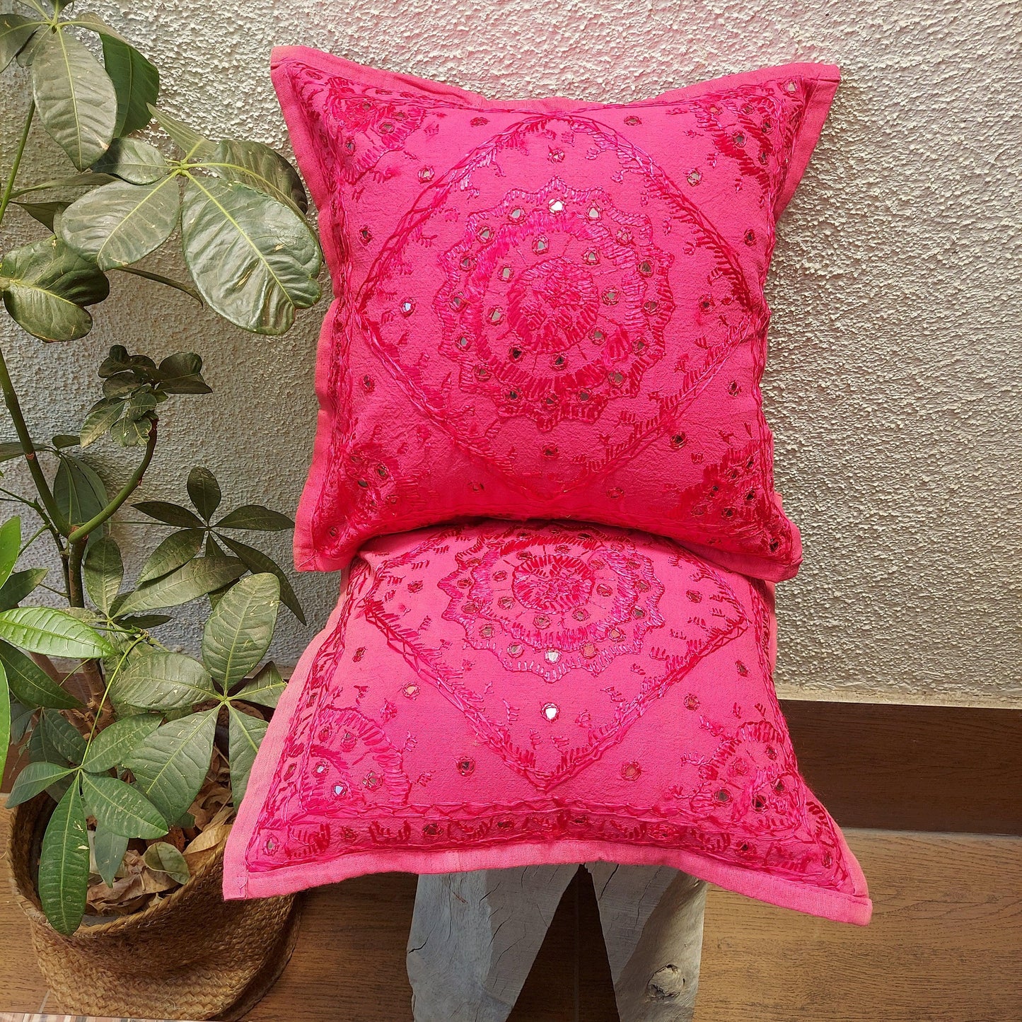 Rani Pink Mirror Work  Cushion Cover |16 x 16 Inch