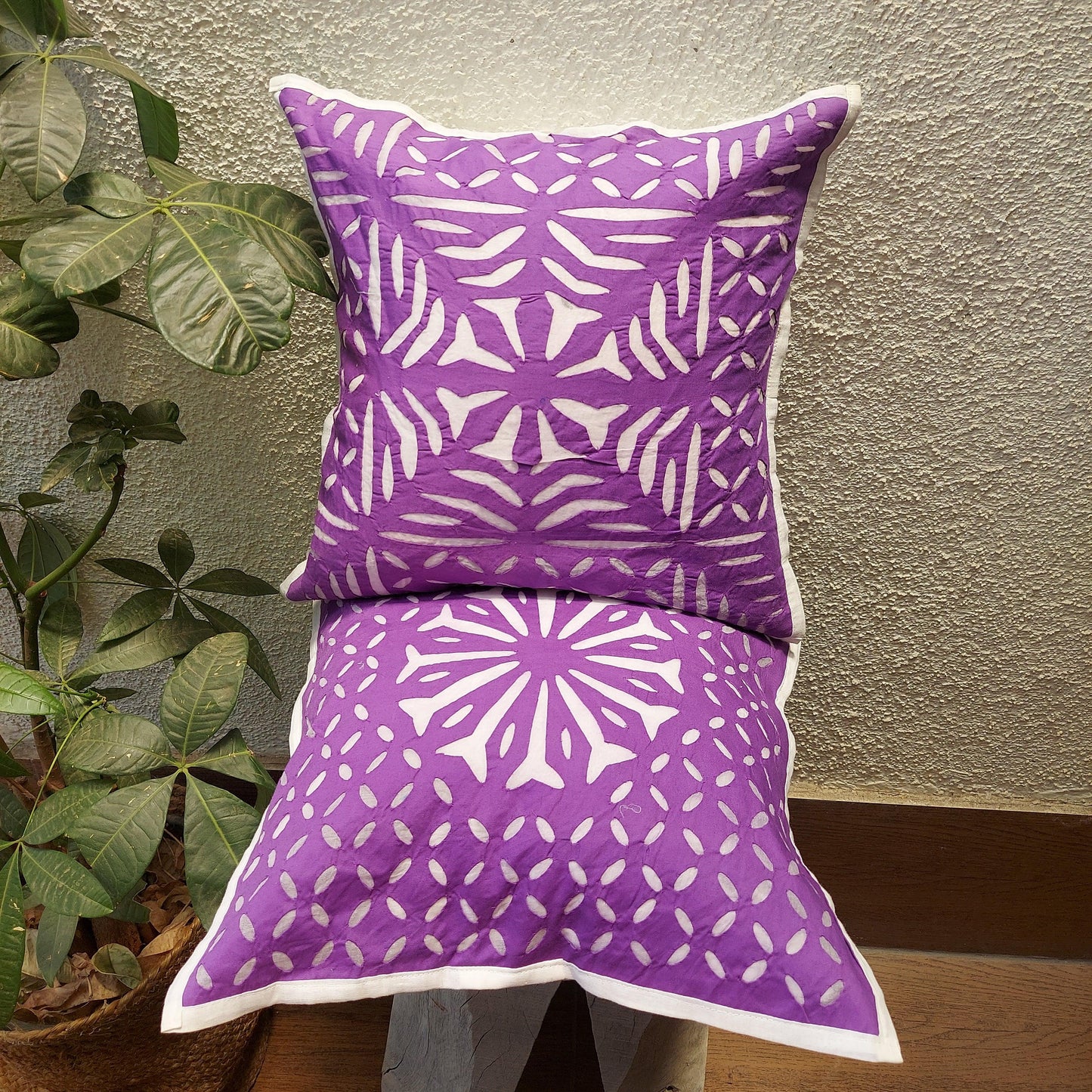 Abstract Hand Made Purple Cotton Applique Cutwork Cushion Cover