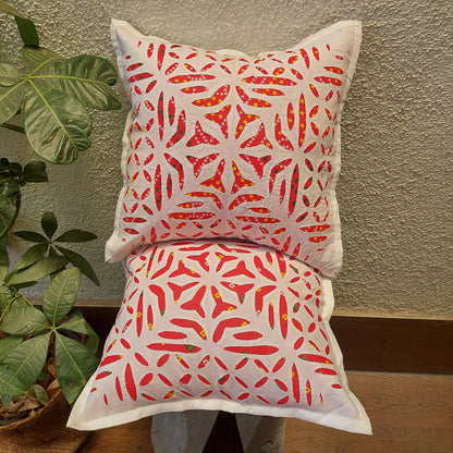 Abstract Hand Made Red Bandhani Cotton Applique Cutwork Cushion Cover