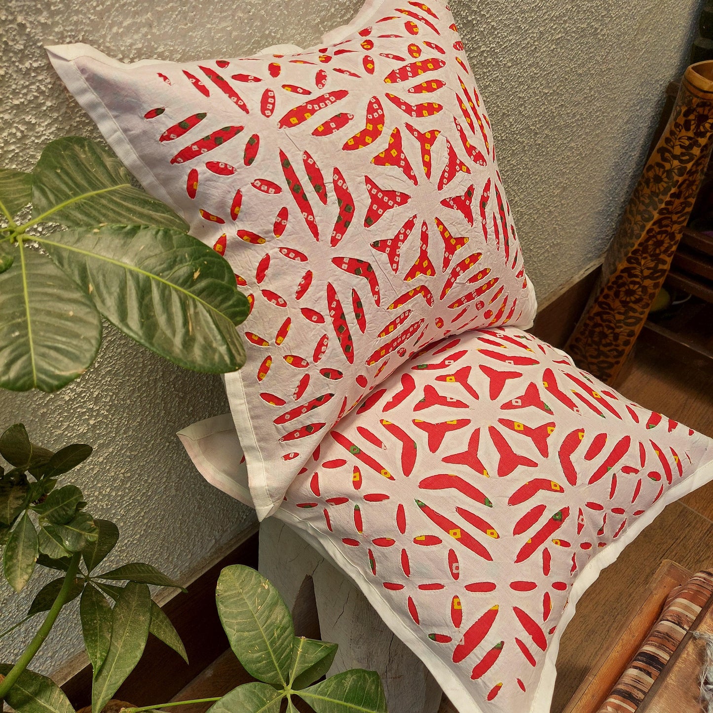 Abstract Hand Made Red Bandhani Cotton Applique Cutwork Cushion Cover