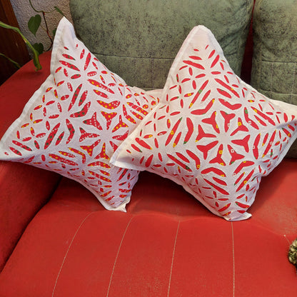 Abstract Hand Made Red Bandhani Cotton Applique Cutwork Cushion Cover