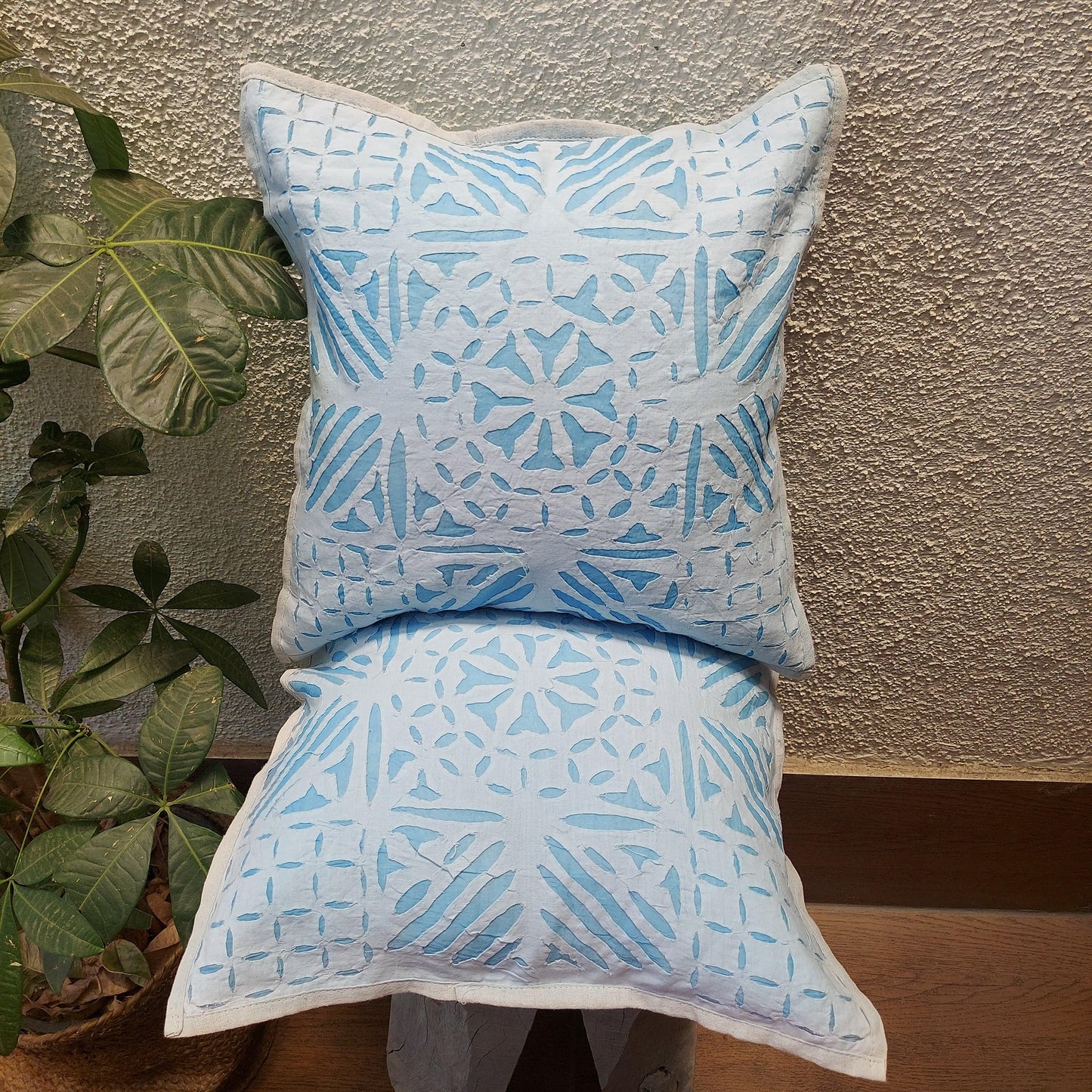 Abstract Hand Made Sky Blue Cotton Applique Cutwork Cushion Cover