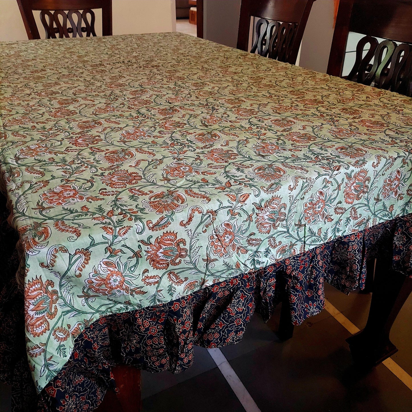 Premium Pista Green Floral Cotton Table Cover with Brown Motifs & Ajrak Frill – Elegant & Durable