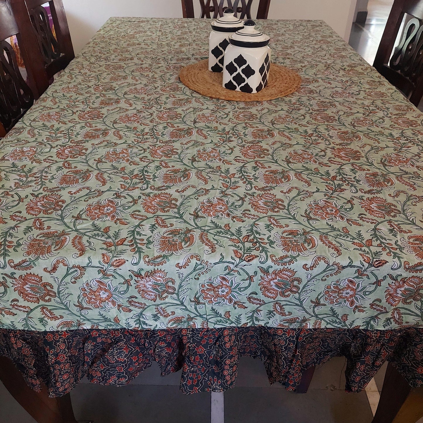 Premium Pista Green Floral Cotton Table Cover with Brown Motifs & Ajrak Frill – Elegant & Durable