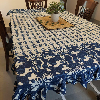 Hand Block Print Pure Cotton Indigo Blue Table Cover with Frills