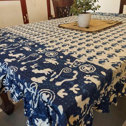 Hand Block Print Pure Cotton Indigo Blue Table Cover with Frills