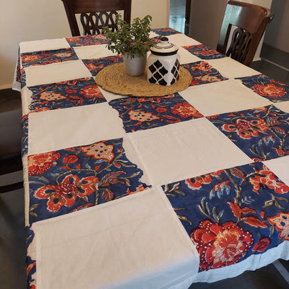 Blue Floral and White Checkered Patchwork Cotton Table Cover