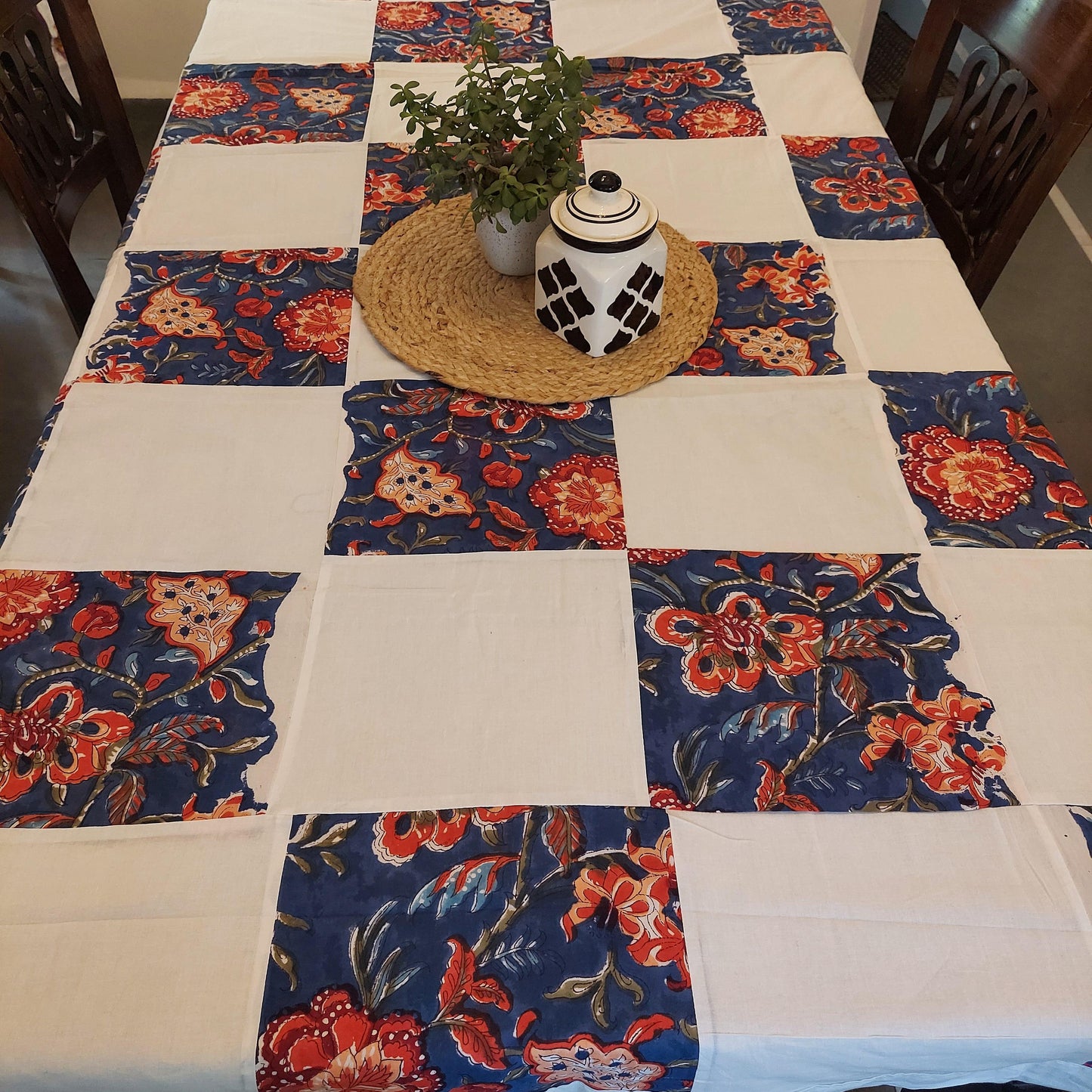 Blue Floral and White Checkered Patchwork Cotton Table Cover