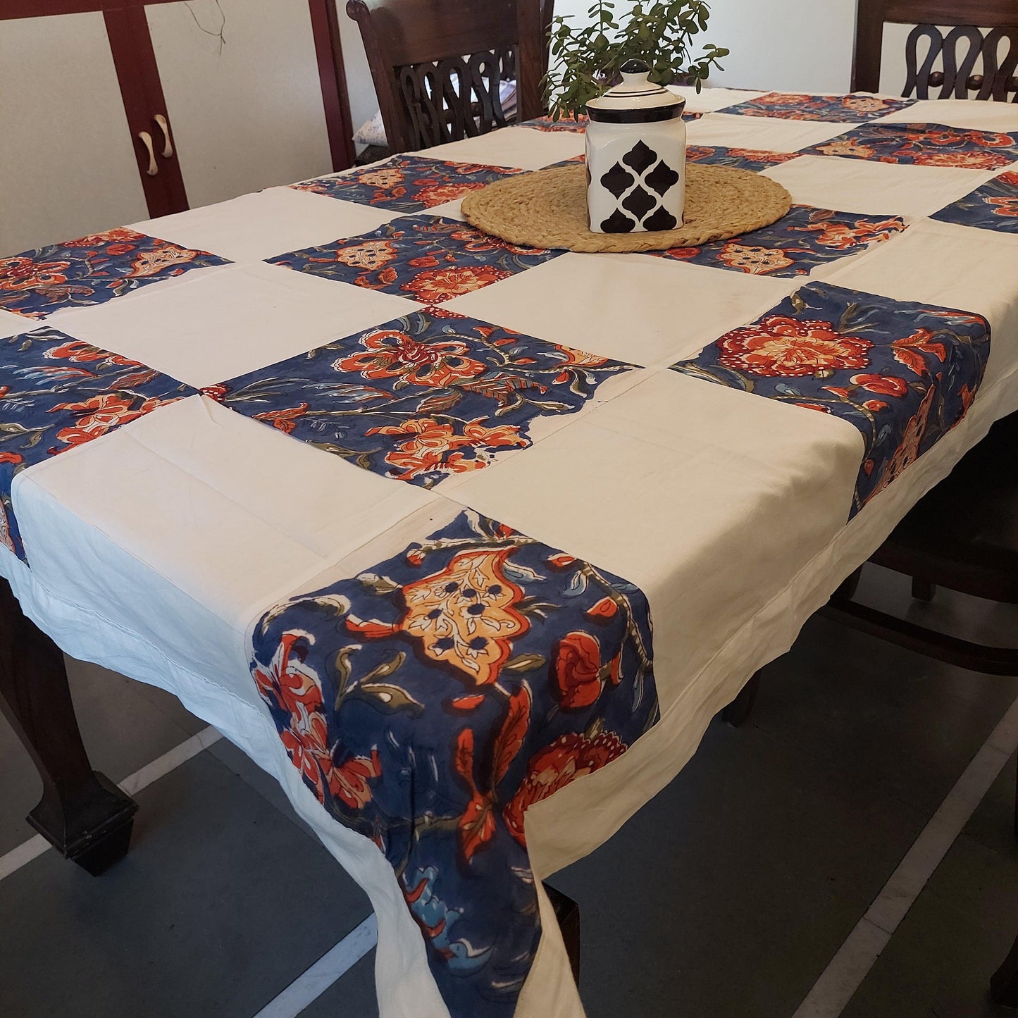 Blue Floral and White Checkered Patchwork Cotton Table Cover