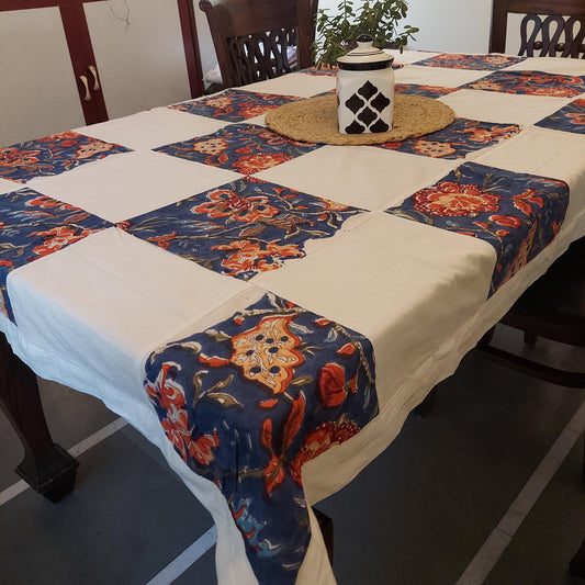 Blue Floral and White Checkered Patchwork Cotton Table Cover