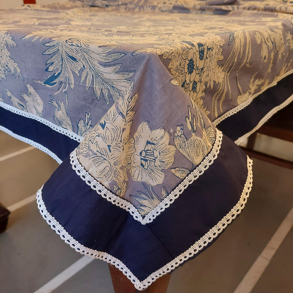 Grey Pure Cotton Floral Table Cover with Navy Blue Border & Elegant White Cotton Lace