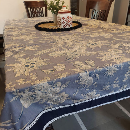 Grey Pure Cotton Floral Table Cover with Navy Blue Border & Elegant White Cotton Lace