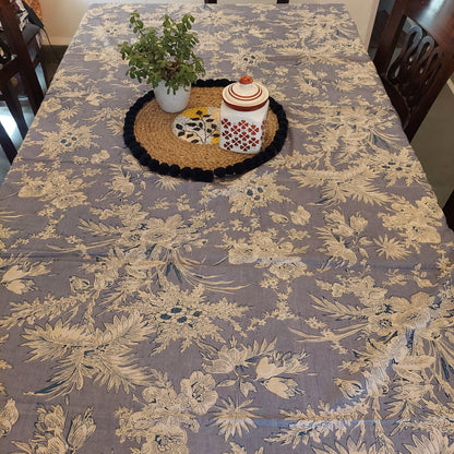 Grey Pure Cotton Floral Table Cover with Navy Blue Border & Elegant White Cotton Lace