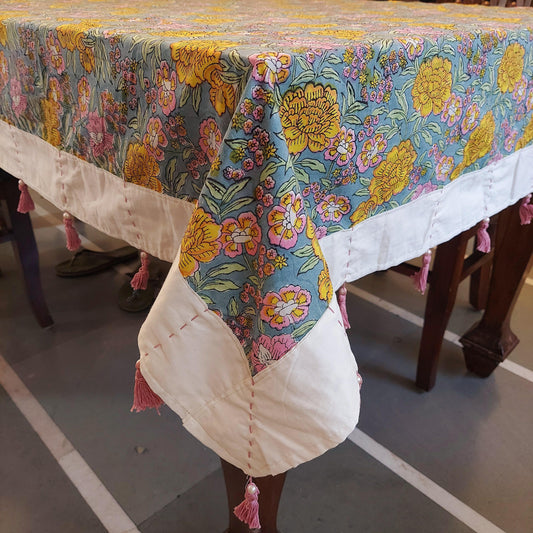 Handmade Pure Cotton Floral Table Cover with White Border & Pearl Cotton Tassels