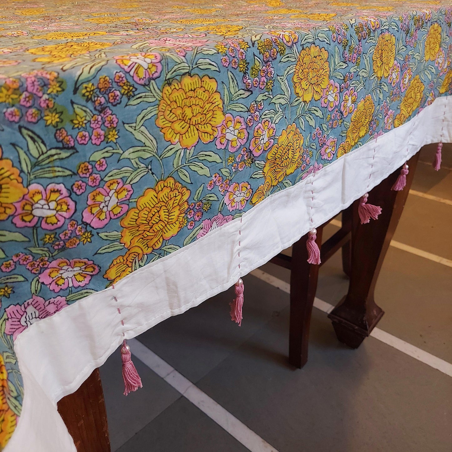 Handmade Pure Cotton Floral Table Cover with White Border & Pearl Cotton Tassels