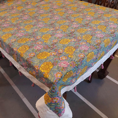 Handmade Pure Cotton Floral Table Cover with White Border & Pearl Cotton Tassels