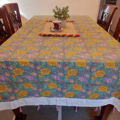 Handmade Pure Cotton Floral Table Cover with White Border & Pearl Cotton Tassels