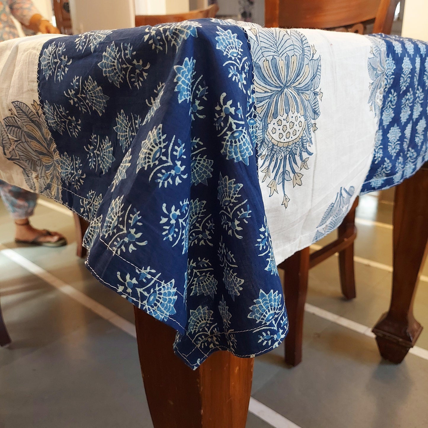 Indigo & White Block Print Patchwork Checked Cotton Table Cover