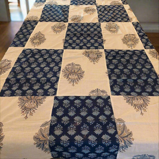 Indigo & White Block Print Patchwork Checked Cotton Table Cover