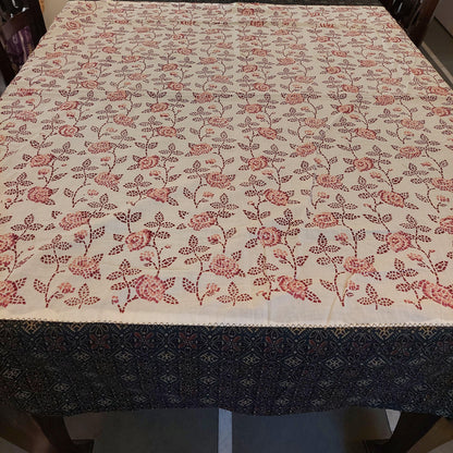 Cotton Floral Pastel Peach Table Cover with Rose Motifs and Ajrakh Border