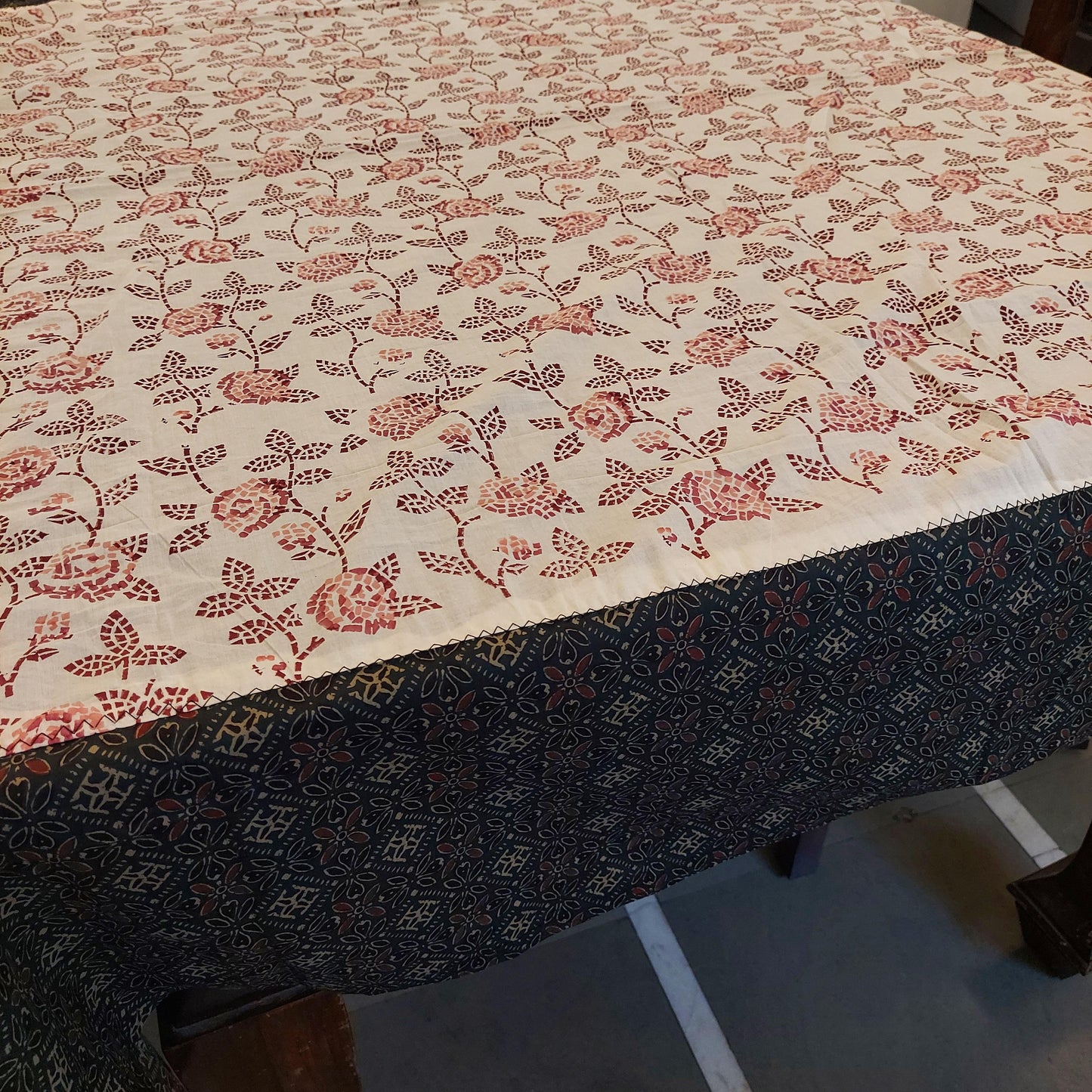 Cotton Floral Pastel Peach Table Cover with Rose Motifs and Ajrakh Border