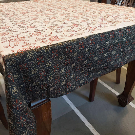 Cotton Floral Pastel Peach Table Cover with Rose Motifs and Ajrakh Border