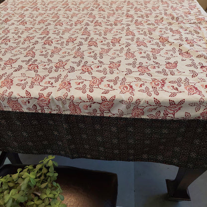 Cotton Floral Pastel Peach Table Cover with Rose Motifs and Ajrakh Border