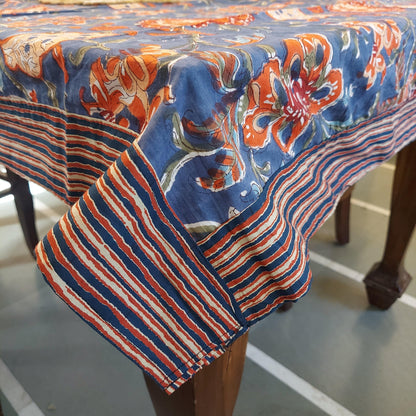 Pure Cotton Blue Floral Table Cover with Striped Border