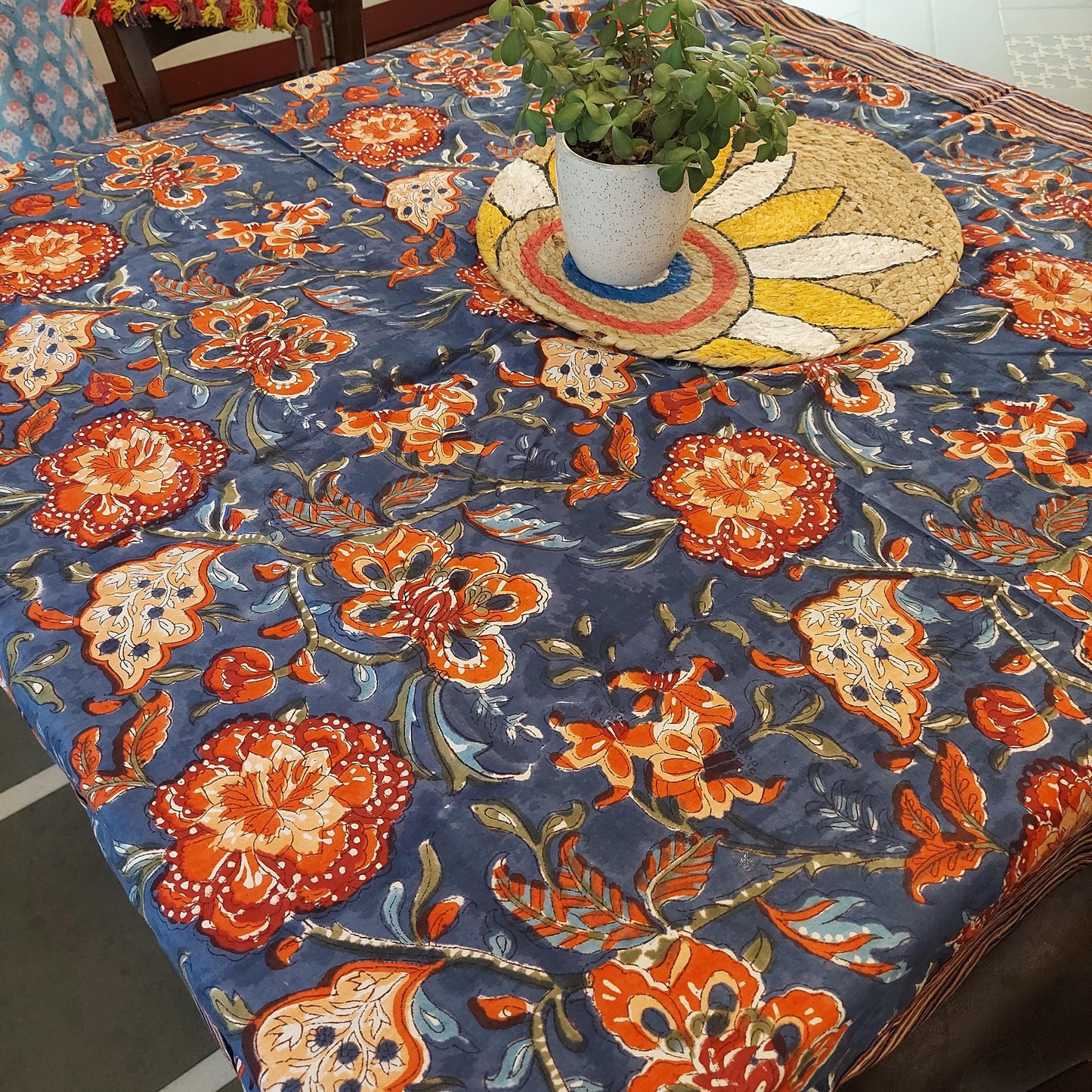 Pure Cotton Blue Floral Table Cover with Striped Border