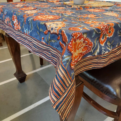 Pure Cotton Blue Floral Table Cover with Striped Border