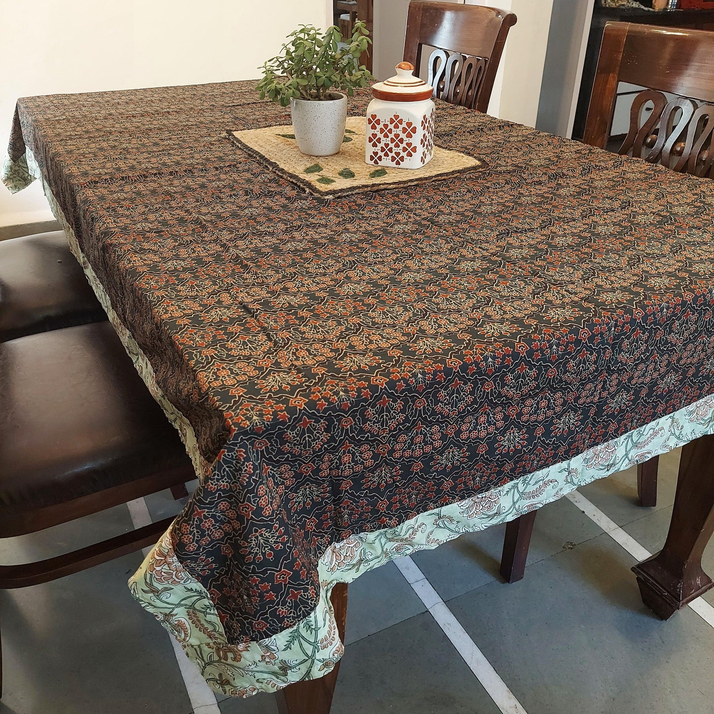 Ajrakh Cotton Table Cover with Green Border