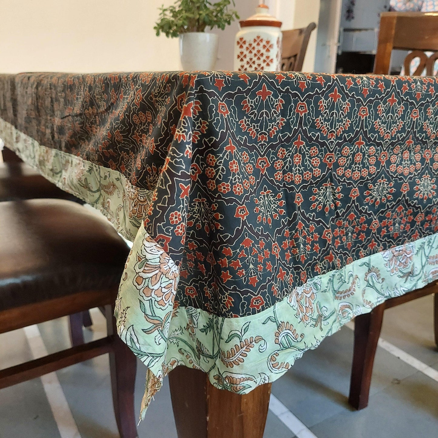 Ajrakh Cotton Table Cover with Green Border