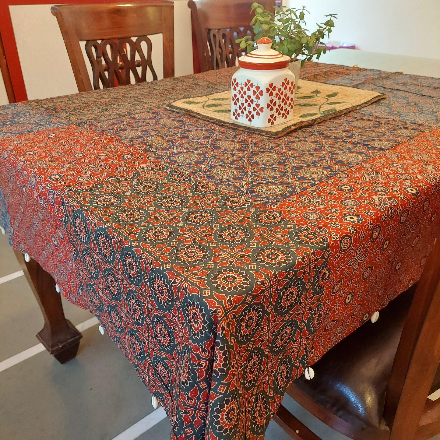 Ajrakh Patchwork Cotton Table Cover with Shell Edges