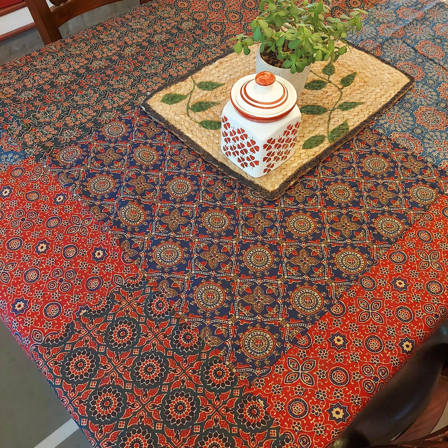 Ajrakh Patchwork Cotton Table Cover with Shell Edges