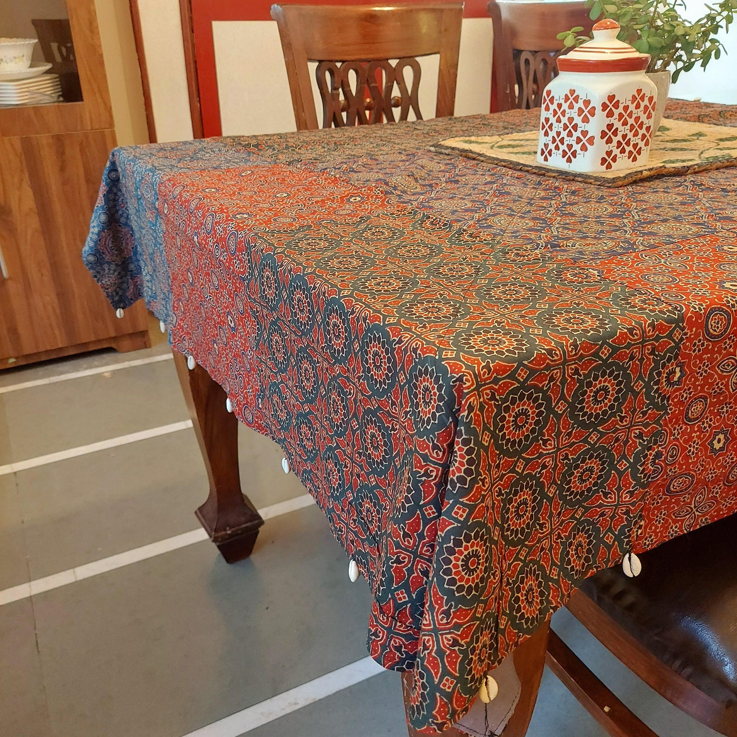 Ajrakh Patchwork Cotton Table Cover with Shell Edges