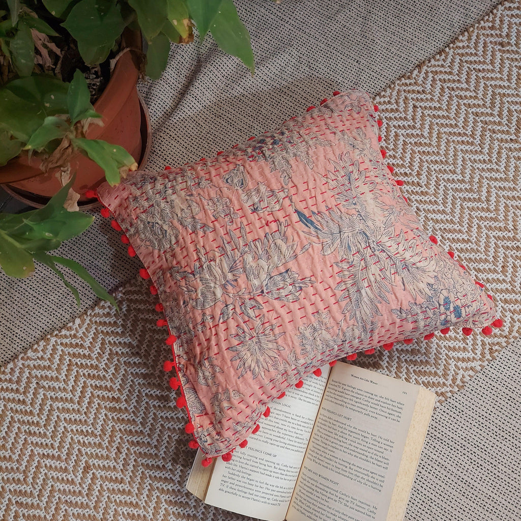 Peach Floral Kantha Work Cushion Cover with Pom Pom Lace