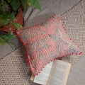 Peach Floral Kantha Work Cushion Cover with Pom Pom Lace