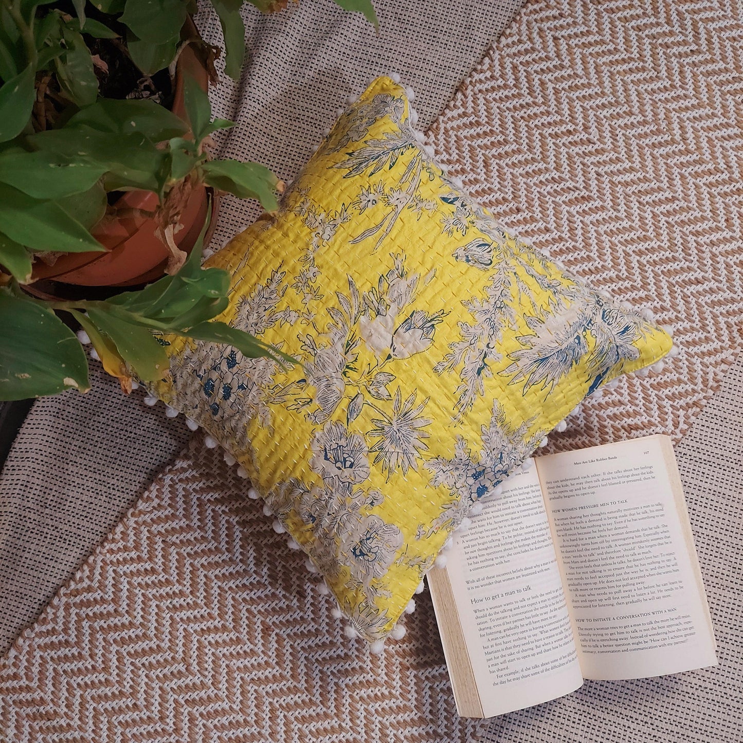 Yellow Floral Kantha Work Cushion Cover with Pom Pom Lace | Multiple Sizes Available