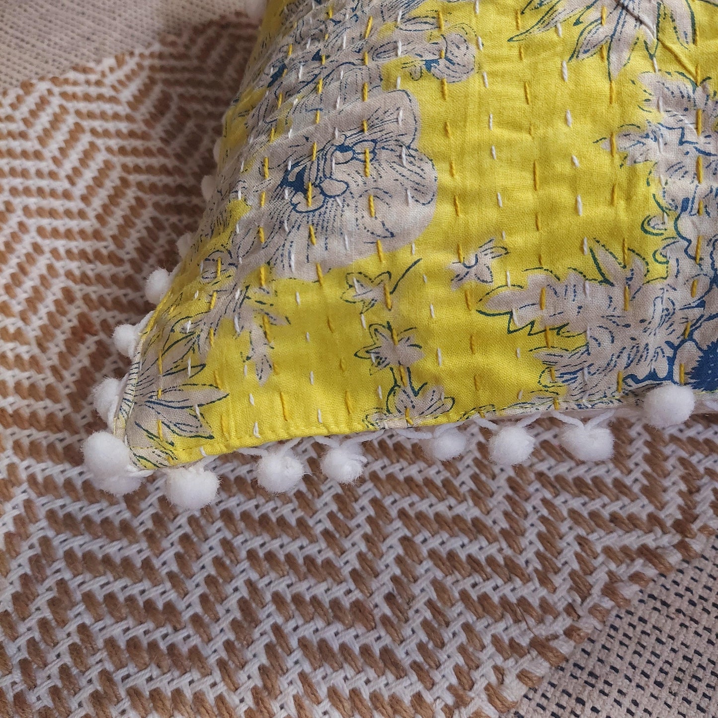 Yellow Floral Kantha Work Cushion Cover with Pom Pom Lace | Multiple Sizes Available