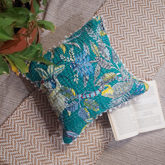 Green Kantha Work Monkey Print Cushion Cover with Pom Pom Lace