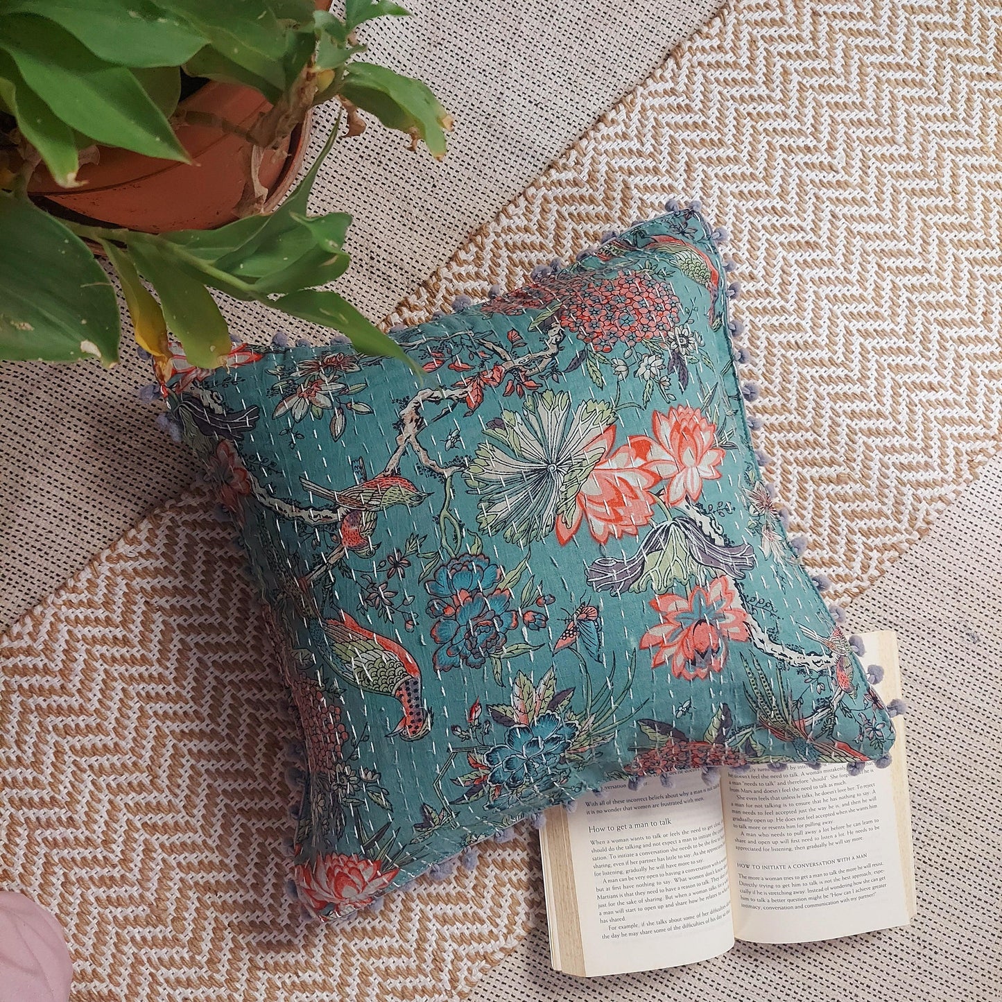 Teal Kantha Work Cushion Cover With Pom Pom Lace