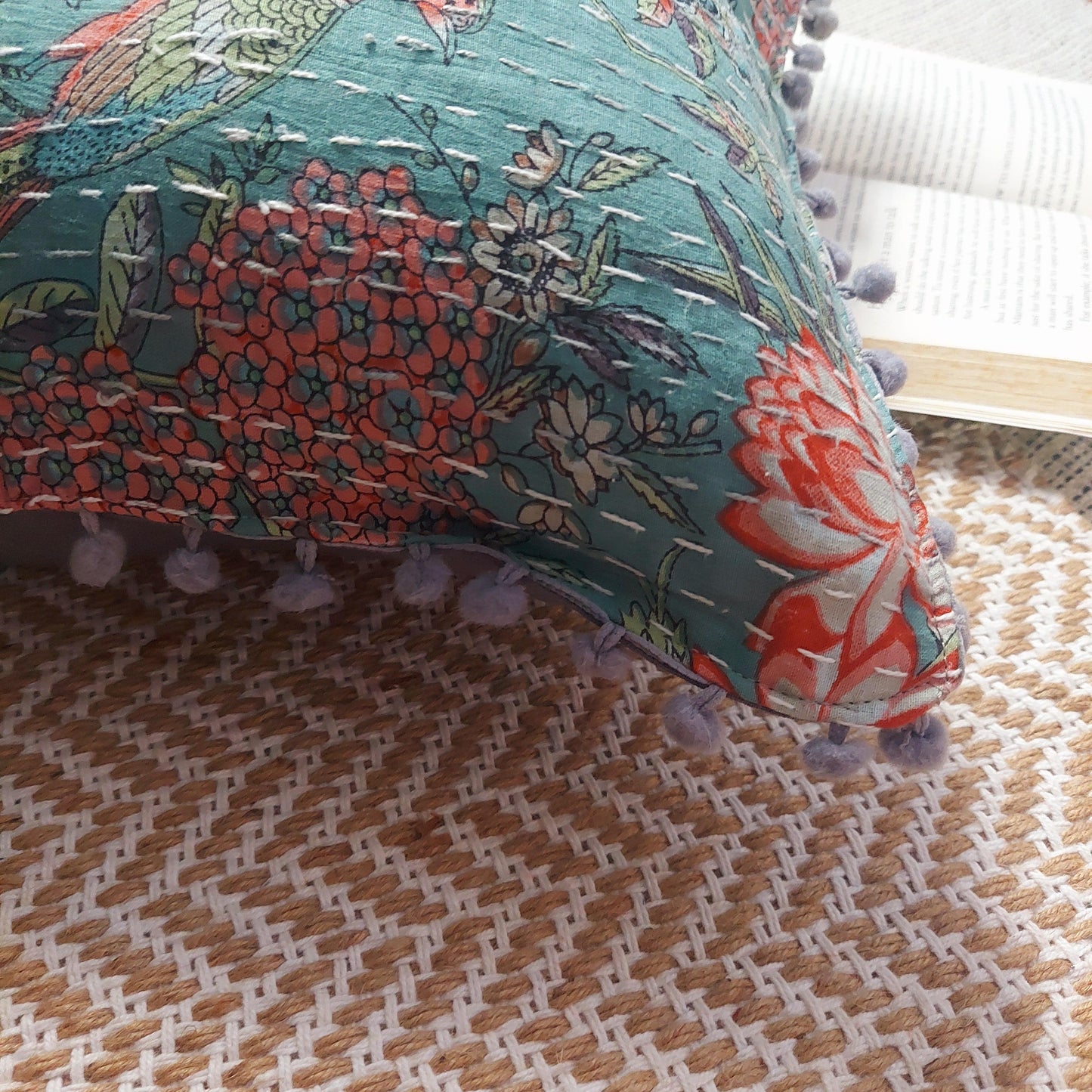 Teal Kantha Work Cushion Cover With Pom Pom Lace