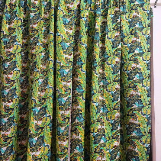 Handmade Kantha Work Black and Green Banana Leaves Print Blackout Curtain | Unique Design