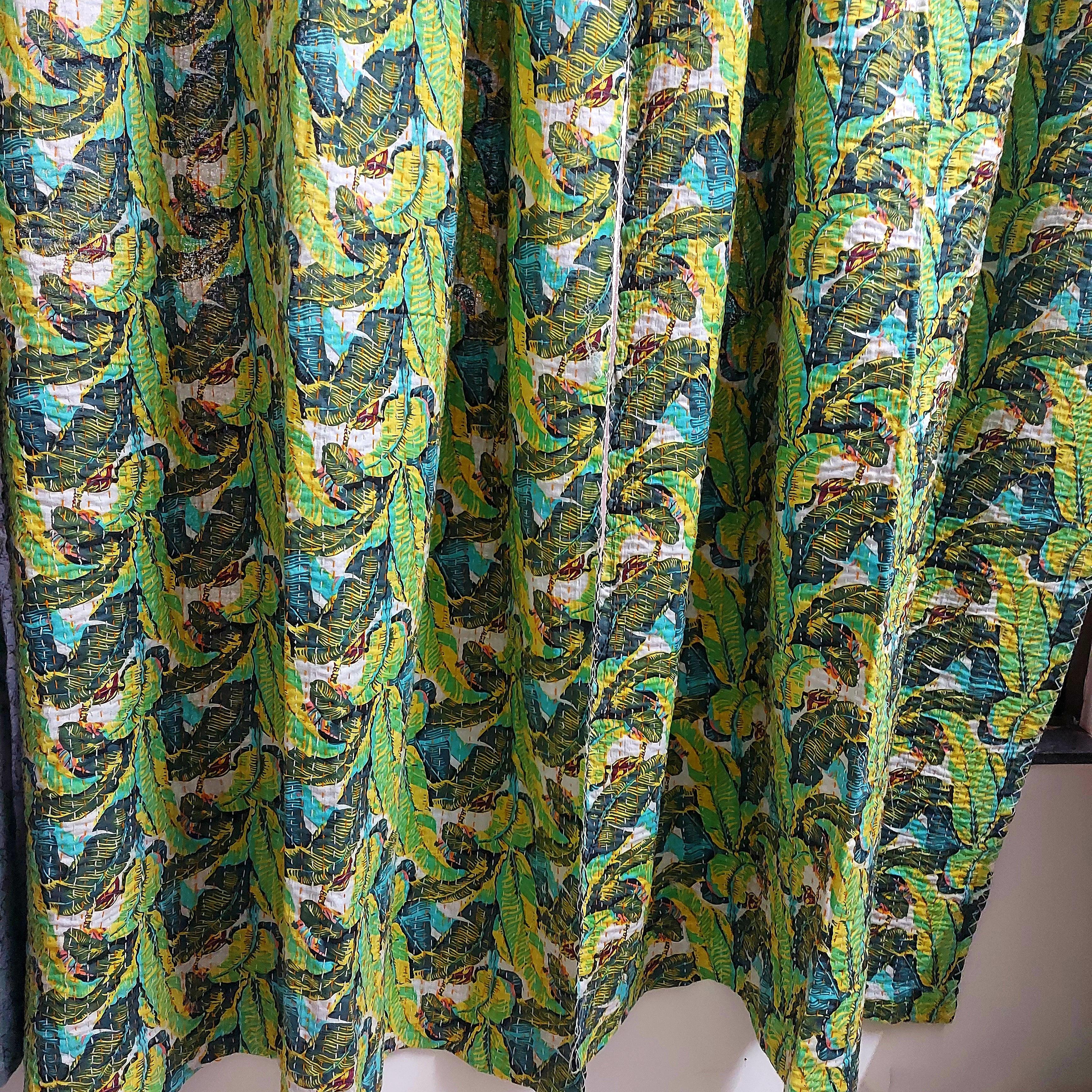 Handmade Kantha Work Black and Green Banana Leaves Print Blackout Curtain | Unique Design