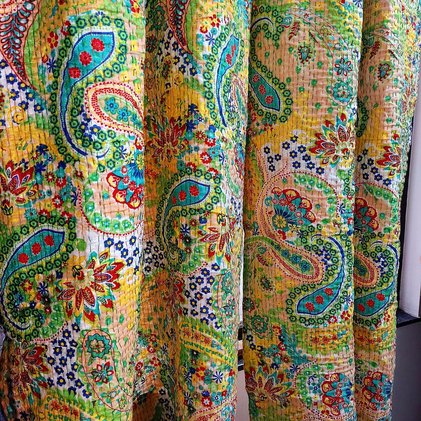 Handmade Kantha Curtains with Yellow Floral Motifs – Blackout, Traditional Indian Print | Unique Design