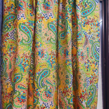 Handmade Kantha Curtains with Yellow Floral Motifs – Blackout, Traditional Indian Print | Unique Design