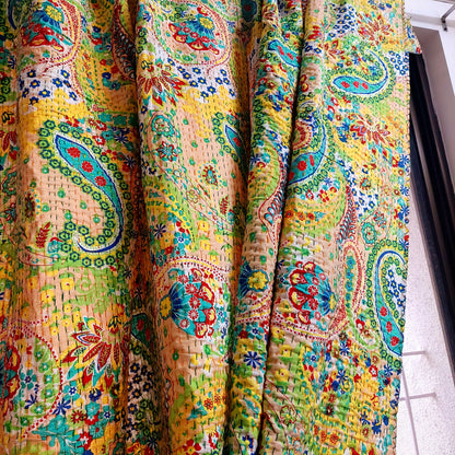 Handmade Kantha Curtains with Yellow Floral Motifs – Blackout, Traditional Indian Print | Unique Design