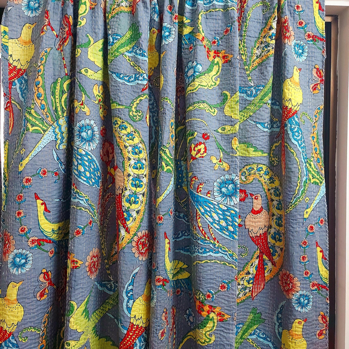 Handmade Kantha Work Grey Tropical Bird Print Blackout Curtain | Unique Design